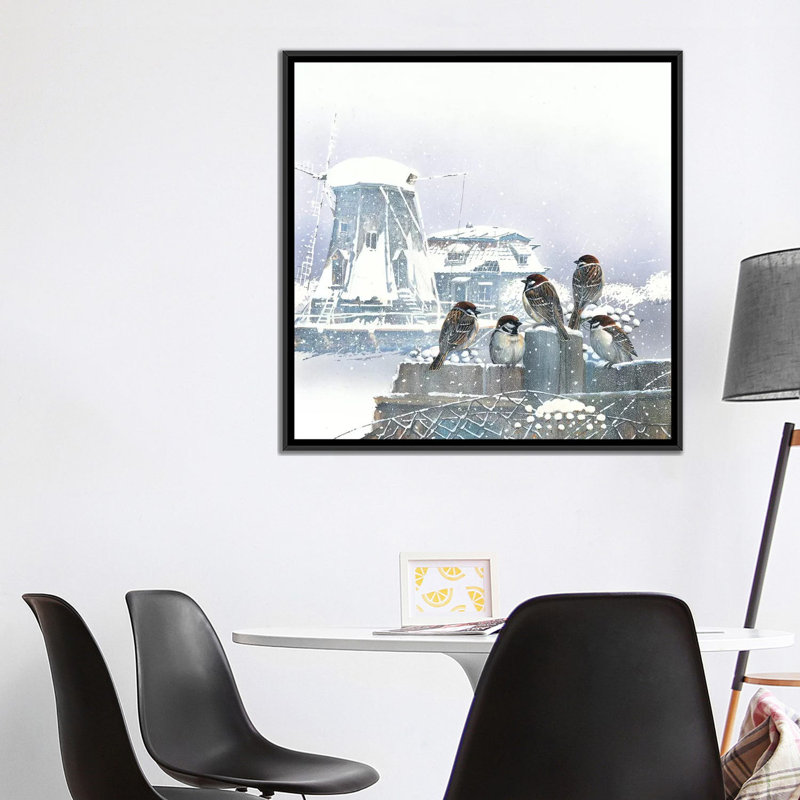 «Birdies and Windmill», impression sur toile, H 18 po x l 18 po x P 1,5 po, Toile encadrée noire, Pas de tapis
