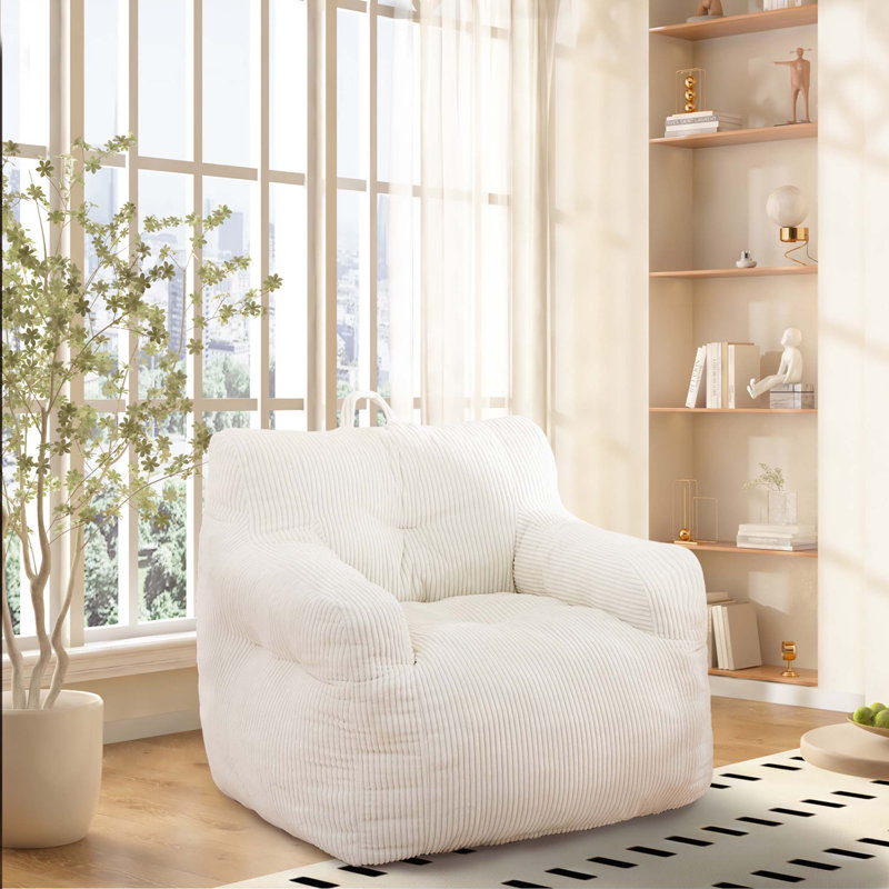 Compression Large Adult Corduroy Foam Filled Bean Bag Chair, White Corduroy