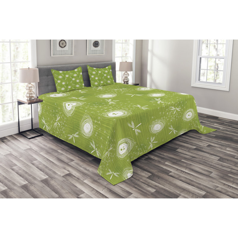 Aedal Green/White Microfiber Bedspread Set, 220 x 264 cm