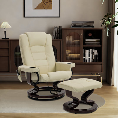 Massage Recliner with Ottoman Swivel Wood Base, Adjustable Recline, Faux Leather Lounge Chair with Footrest for Living Room and Bedroom, Beige by Inbox Zero