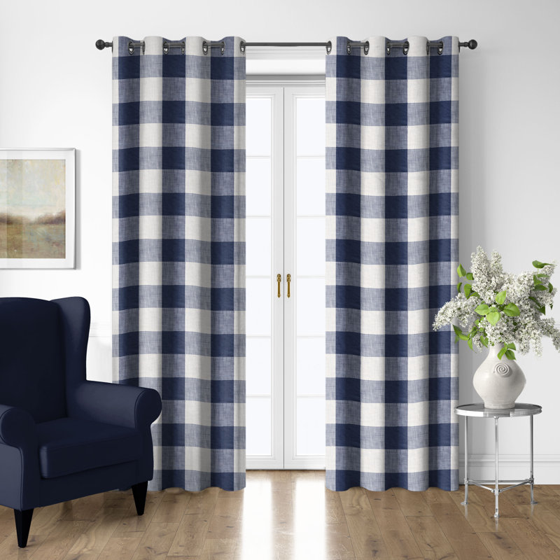 Ensemble de 2 panneaux de rideau à œillets en coton indigo / ivoire Walker Buffalo, L 50 po x L 60 po