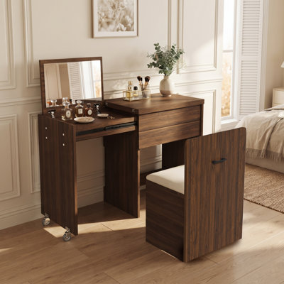 Ensemble de meuble-lavabo multifonctionnel avec tabouret de rangement, roulettes verrouillables, noyer pour appartement de chambre à coucher