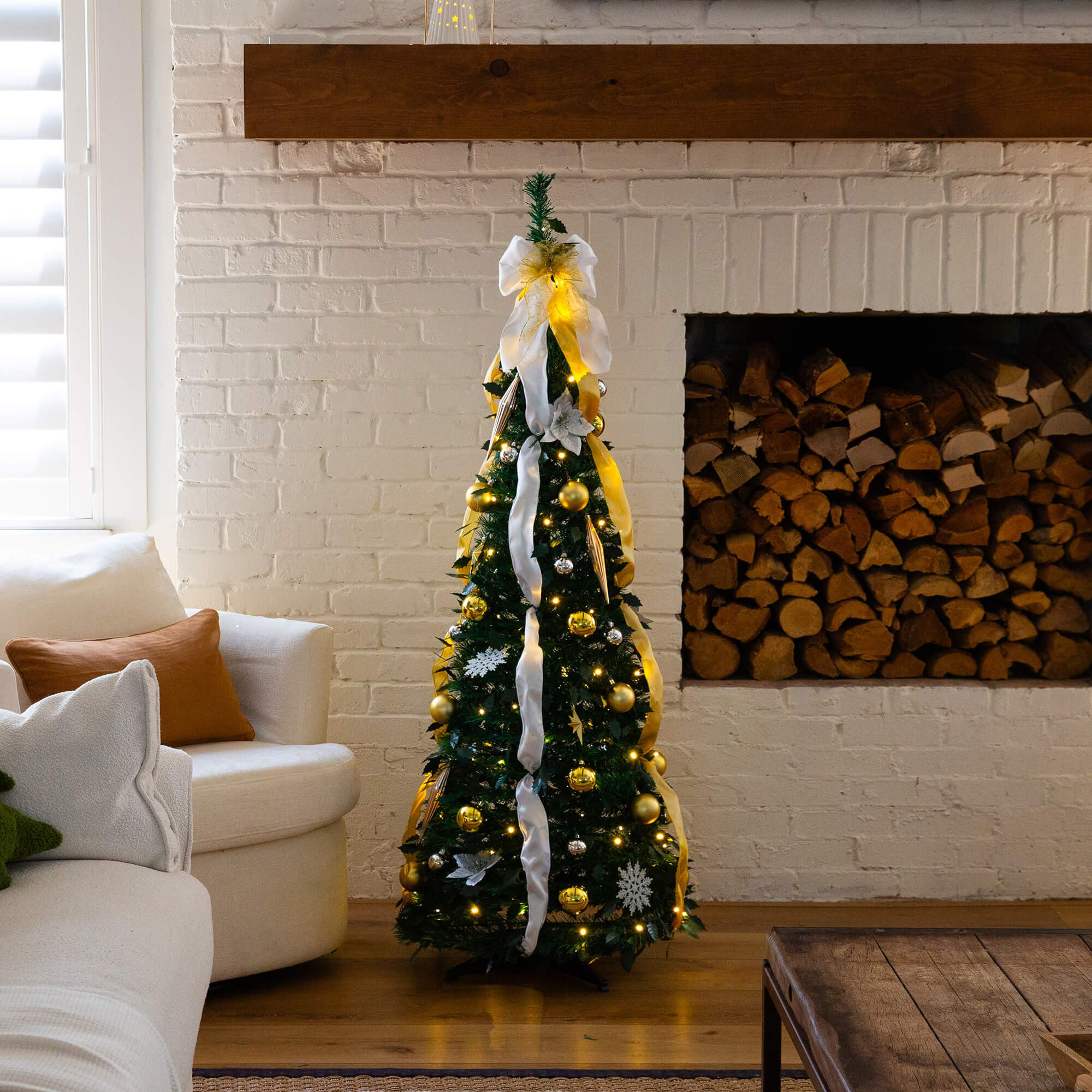 5Ft. Pre-Lit Artificial Pop Up Christmas Tree With Gold & Silver Ornaments, Ribbons And 100 Warm White LED Lights