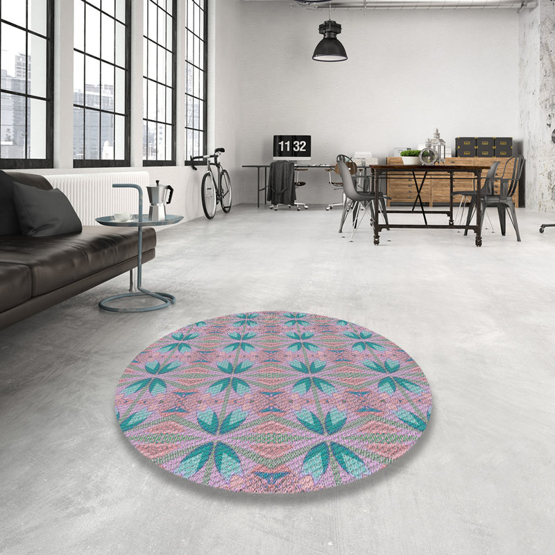 Rose géométrique/Tapis décoratif bleu, Rond 8 pi