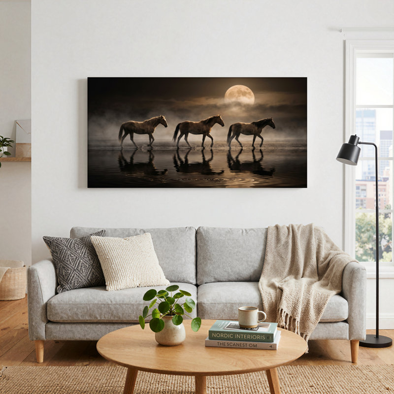 Ensemble de 1 tableau sur toile « Chevaux au clair de lune », L 58 po x H 28 po, Toile tendue