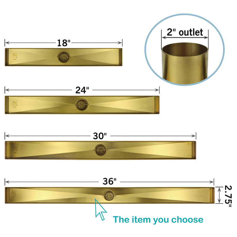 36 In. Stainless Steel Linear Shower Drain With Square Pattern Surface, Brushed Gold
