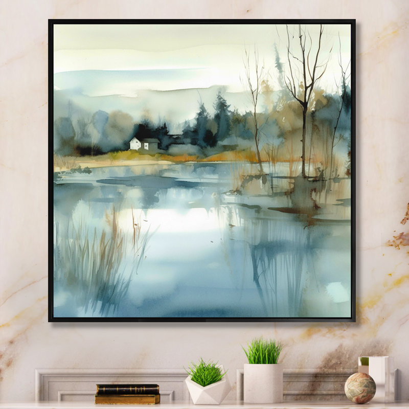Summer Lake Landscape Illustration V - Lake, art mural, Cadre flottant noir, H 24 po x l 24 po x P 1 po