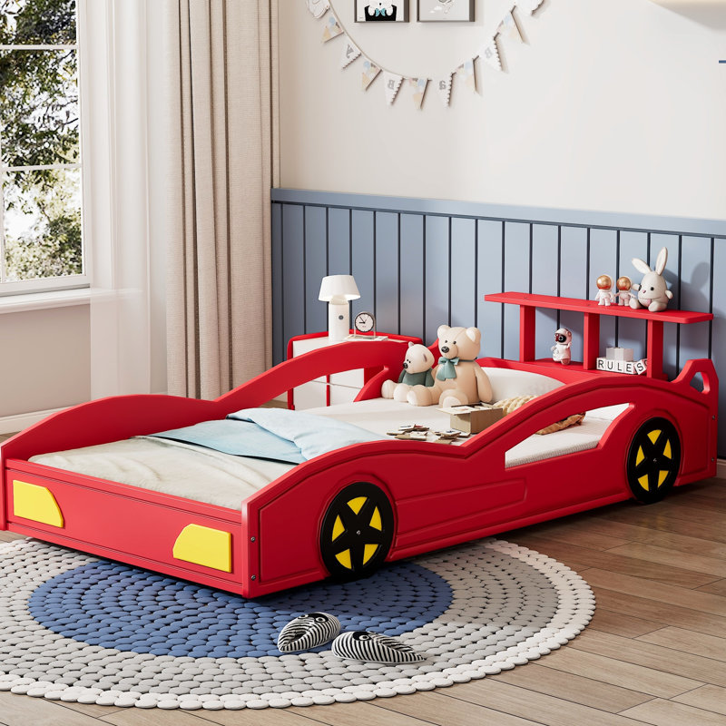 Red Race Car Bed With Yellow Accents For Teens, Twin Size Platform Storage Feature, Side Rails , Comfortable And Easy To Assemble - Shaped Wheels Bed, Feature At End, On Both Sides, Frame