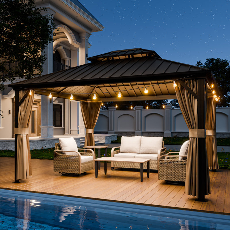 Outdoor Hardtop Gazebo Patio Galvanized Steel Double Roof Aluminum Frame Gazebo, 114" H x 168" W x 144" D