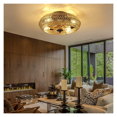 Boho Rattan Ceiling Fan with Light and Remote - Dimmable Bladeless Indoor Fandelier for Bedroom & Living Room, Reversible Motor