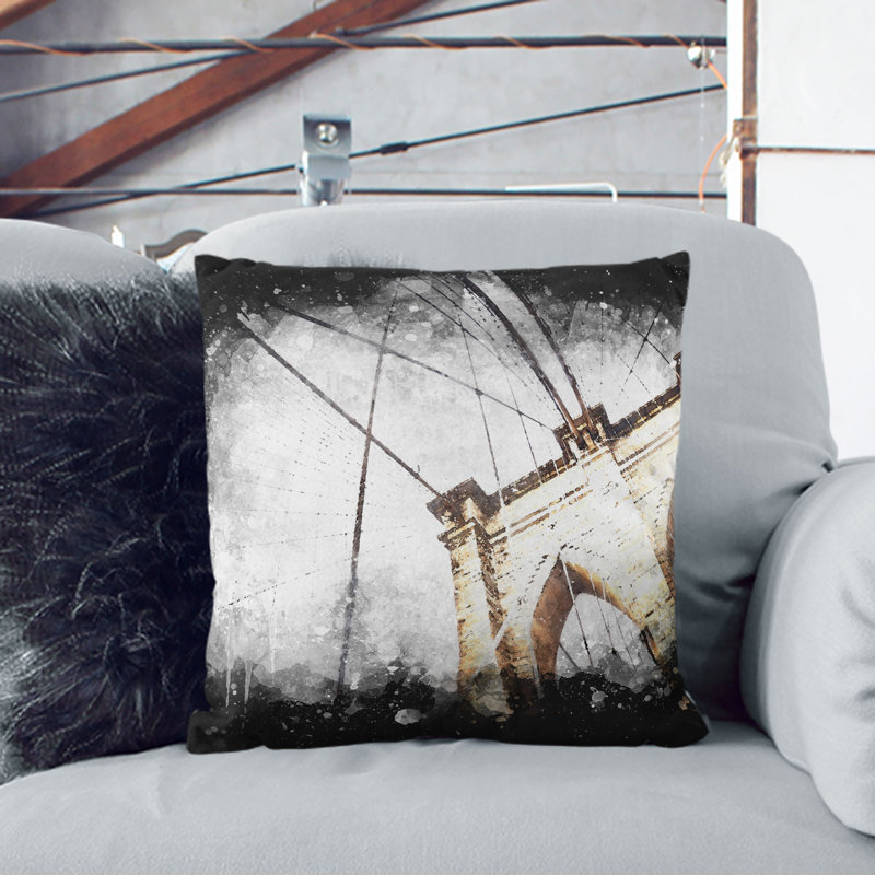 The Brooklyn Bridge in New York City Paint Splash Cushion with Filling, Black, 40cm H x 40cm W x 15cm D