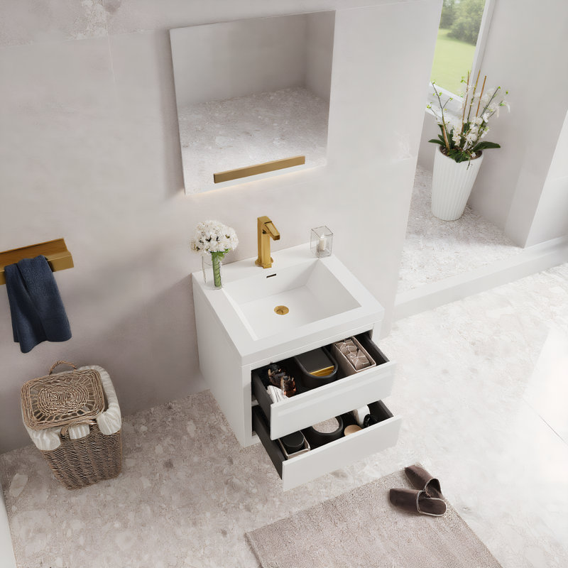 Meuble-lavabo mural 24 po avec tiroir à fermeture en douceur, lavabo en résine facile à nettoyer et armoire