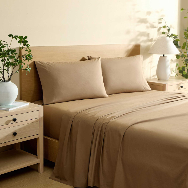 Ensemble de draps en percale de coton 200 fils Bradford, Ensemble de draps pour grand lit avec 2 taies d'or, Brun uni
