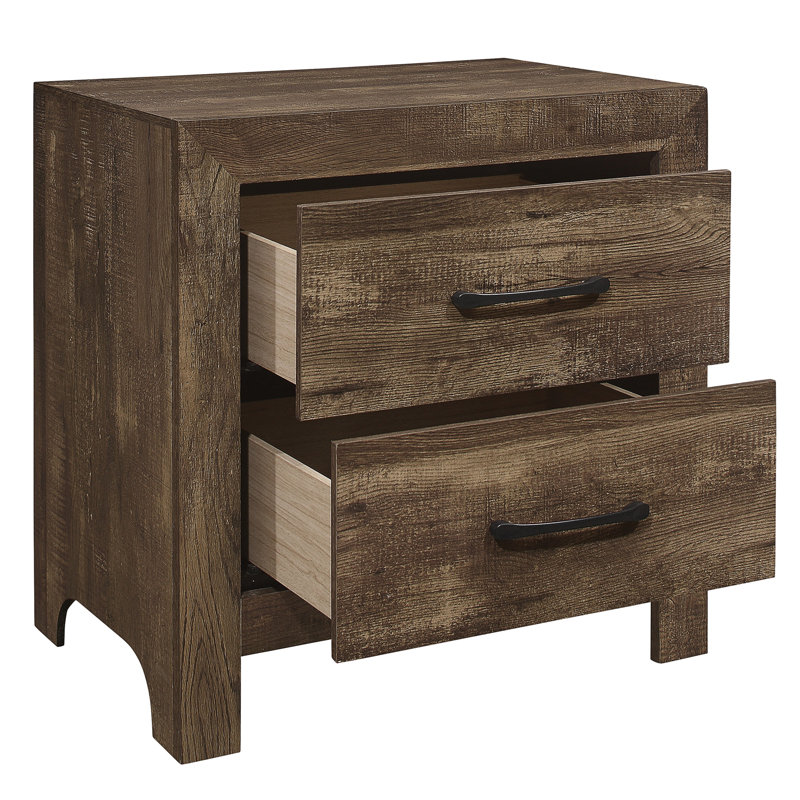 Table de chevet de chambre à coucher avec aspect brun rustique, 2 tiroirs et table de chevet en métal, poignées impressionnantes