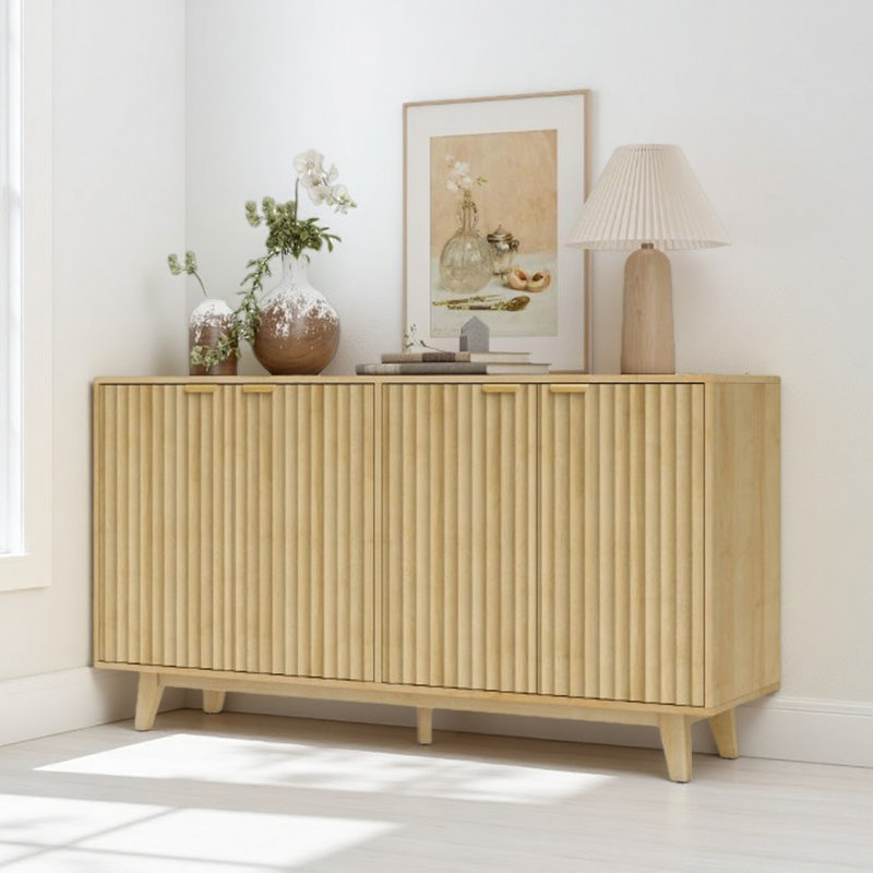 Convenient Cabinet,Fluted Sideboard Buffet Cabinet,With Doors,Adjustable Shelves,Wood Legs, Oak