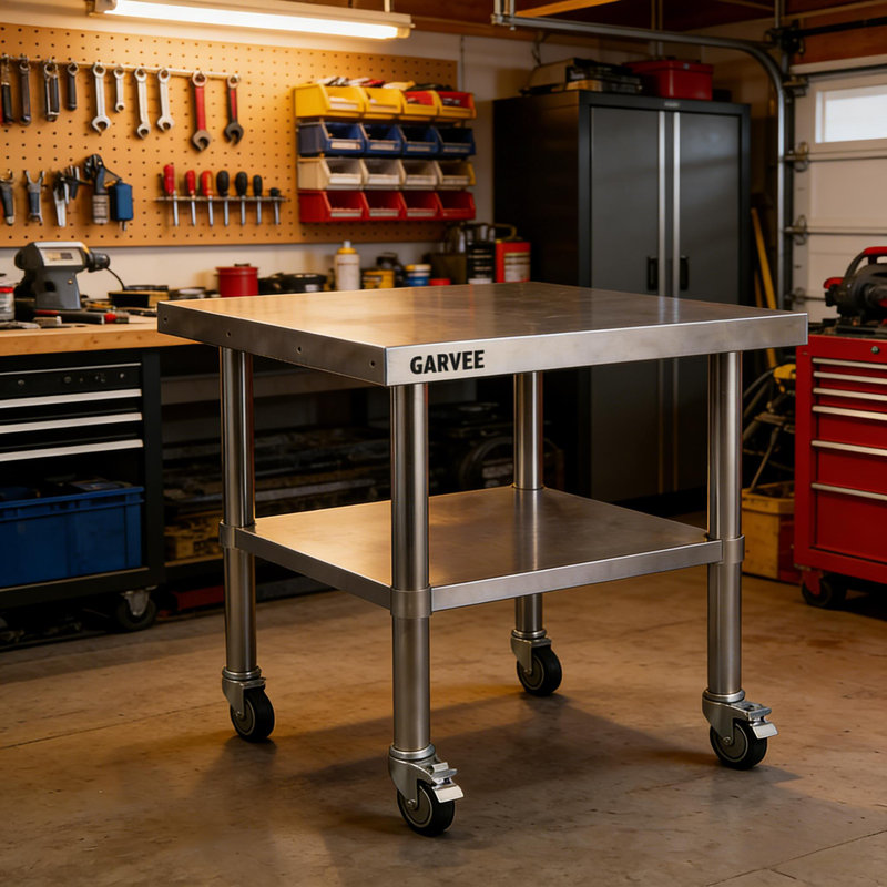 Table de travail en acier inoxydable avec roulettes pour la maison, le garage du restaurant, H 26 po x L 36 po x l 24 po