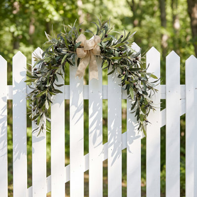 23.62" Artificial Olive Branch Garland Swag with Burlap Bow, Faux Greenery Hanging Wall Decor for Front Door, Farmhouse Wedding Home Decoration