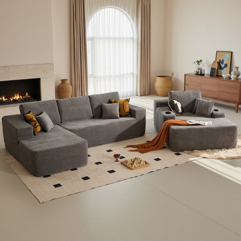 Ensemble de salon 3 pièces sans assemblage, canapé modulaire moelleux avec causeuse et méridienne, Gris