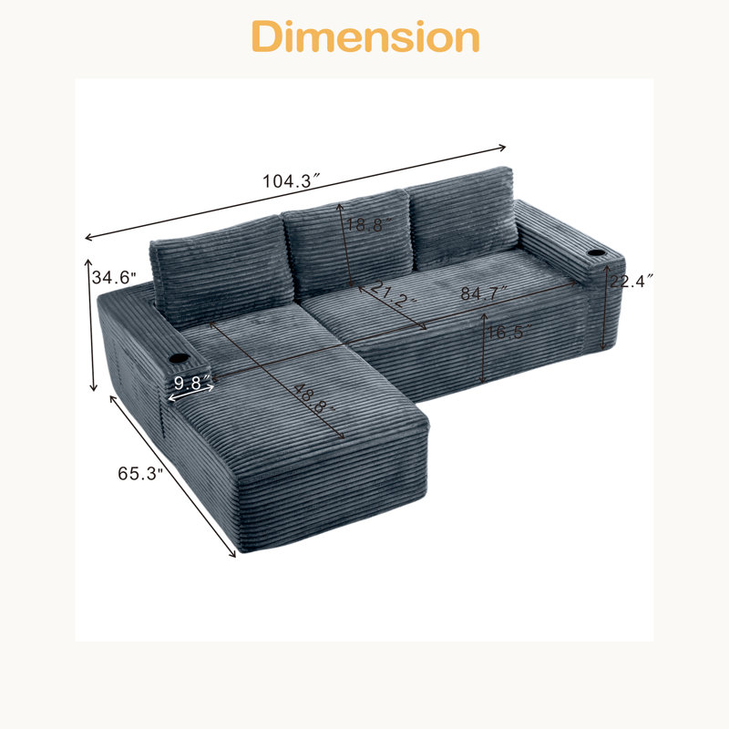 104 Inch Cloud Sectional Couch,Modern Modular Sectional Sofa With Deep Seat,Corduroy Boneless Couches With L-Shape Chaise For Living Room Bedroom