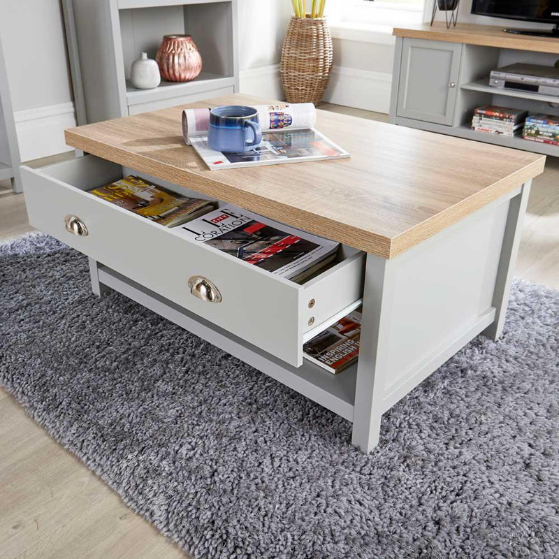 Dinah Floor Shelf Coffee Table with 2 Storage Drawers 36mm Thick Top, Grey/Oak