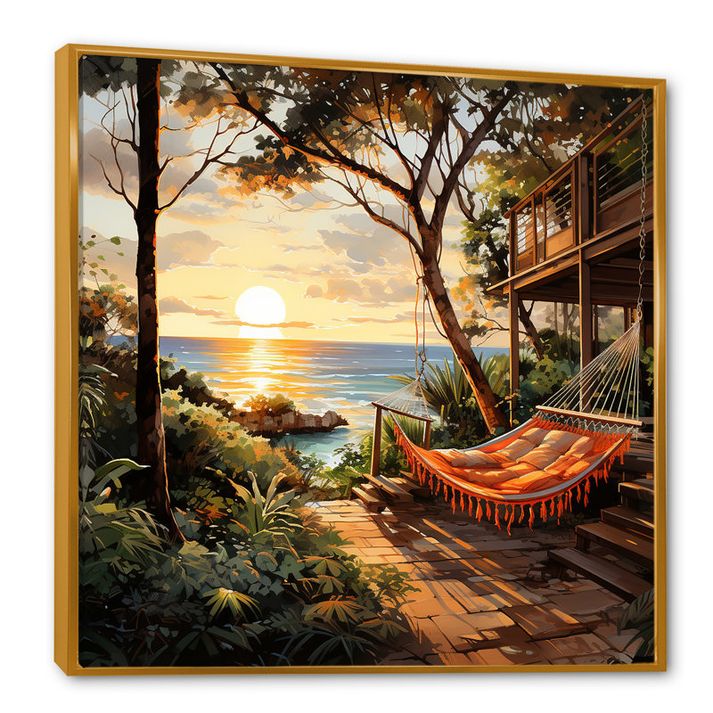 Coucher de soleil hamac près de la plage III - art mural côtier tropical, Cadre flottant doré, H 36 po x l 36 po