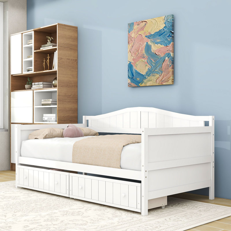 Lit de jour simple en bois avec structure robuste et deux tiroirs de rangement, Blanc