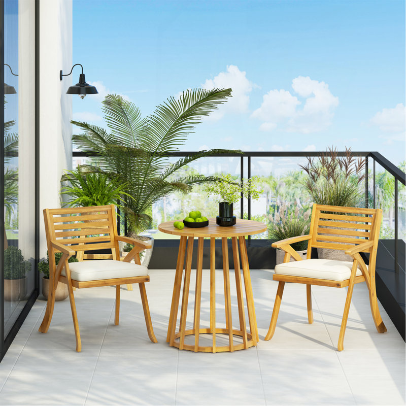 Ensemble repas d'extérieur 3 pièces en bois d'acacia avec coussins crème, teck