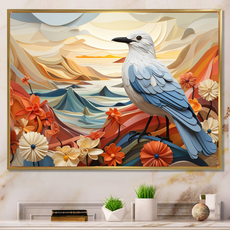 «Seagull Coastal Guardian Geometric III», reproduction d'art sur toile, Cadre flottant doré, H 12 po x l 20 po x P 1 po