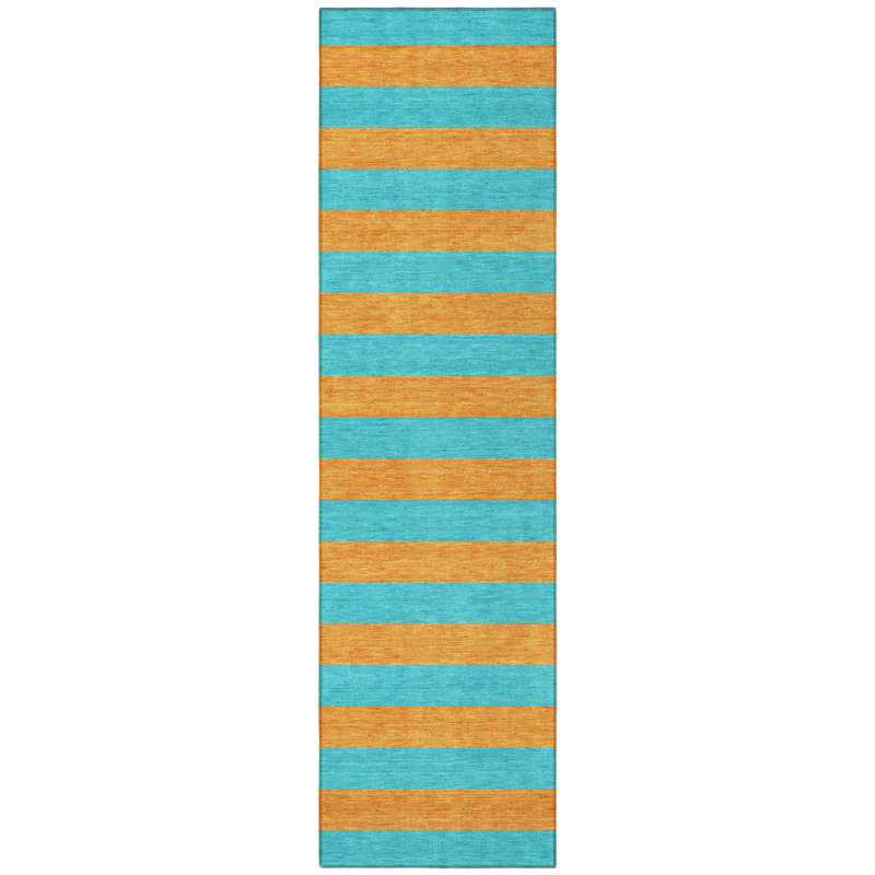 8' Runner Aqua Striped Washable Non Skid Indoor Outdoor Runner Rug