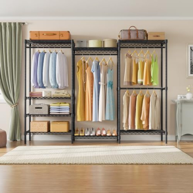 V5 Plus Large Portable Closet Rack Freestanding Wardrobe Closet, Multi-Functional Clothes Rack Heavy Duty Metal Clothing Rack For Hanging Clothes, 85.4" L X 15.7" W X 76.4" H, Black