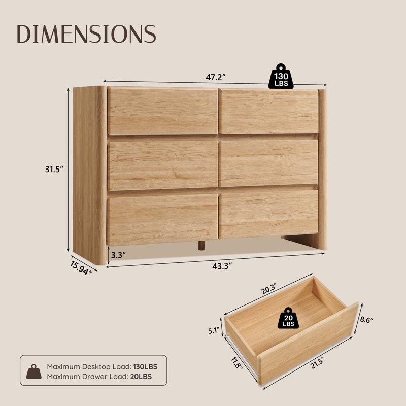 Bolanos Modern 6 Drawers Dresser for Bedroom, 47" Wide Wood Dressers & Chests of Drawers, Wood Night Stand w/Rounded Corner Design for Bedroom