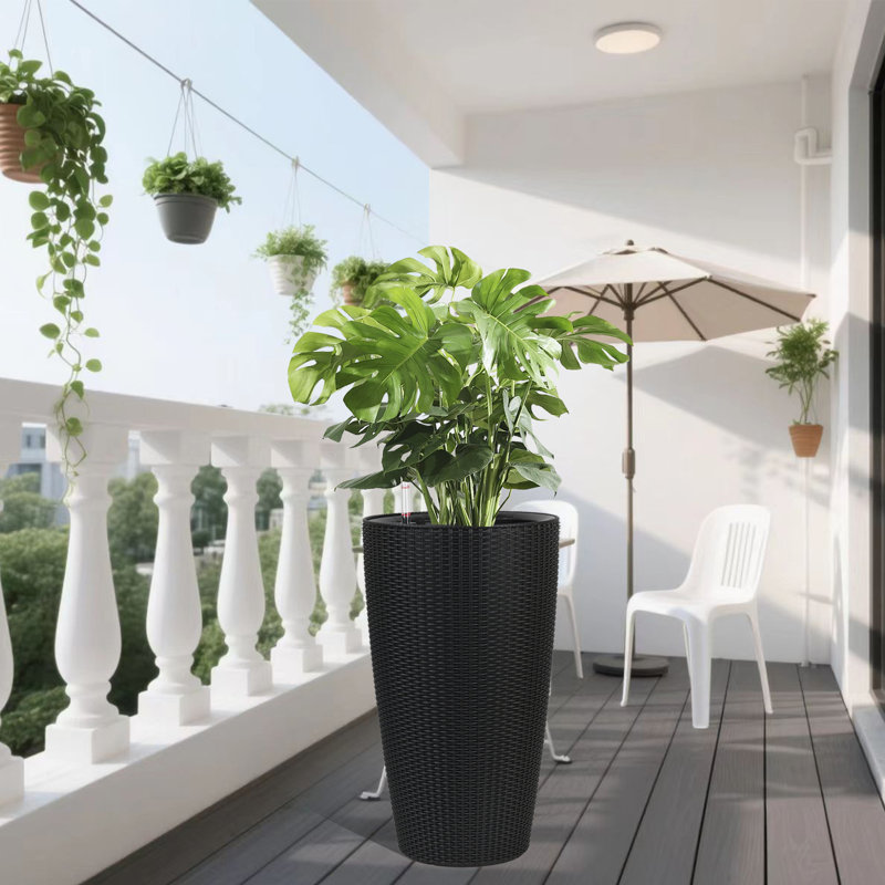 Modern Farmhouse Faux Rattan Planters with Auto Watering System and Weather Resistance, Black
