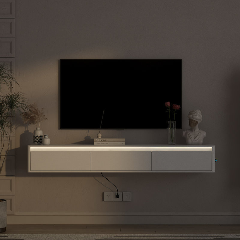 Meuble télé flottant, étagère murale avec lumières DEL et prise de courant, Blanc