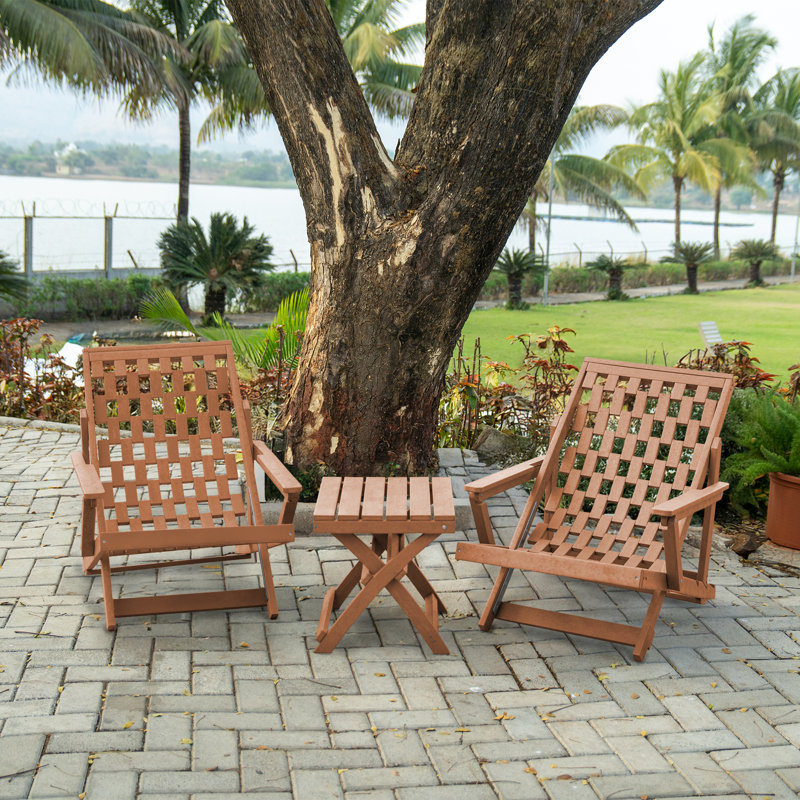 Pinecrest Fully Assembled All-Weather Outdoor Folding Lounge Chair and Table 3 Piece Set, Teak