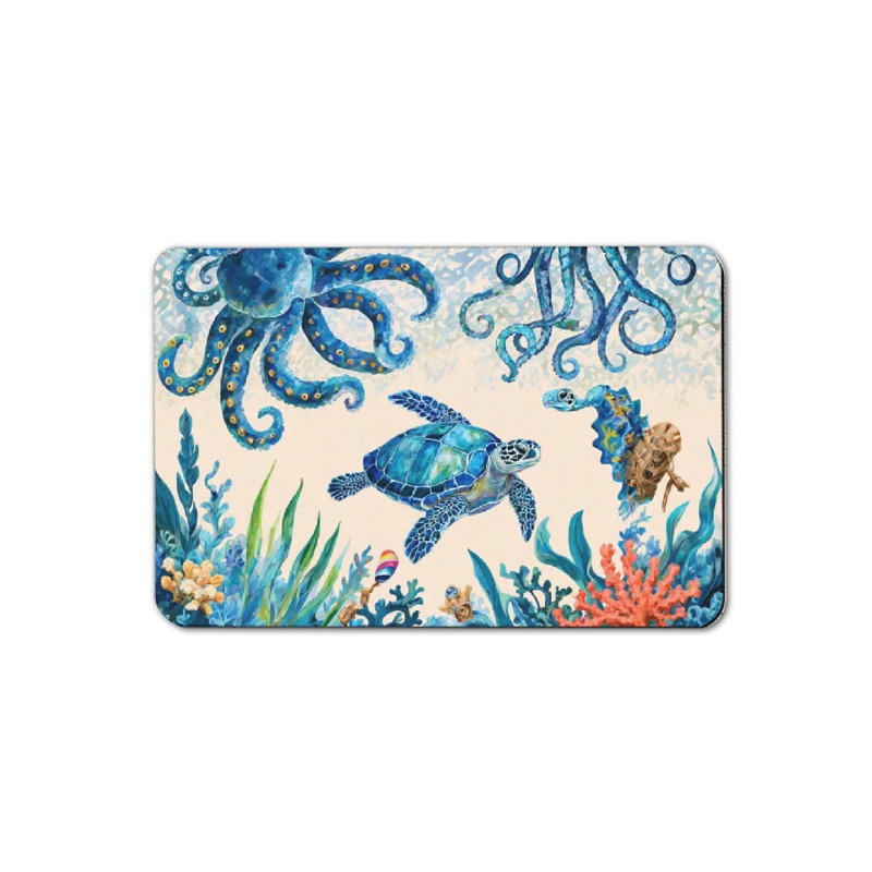 Marine Creatures Octopus And Turtle Bath Mat For Bathroom, 16 X 24