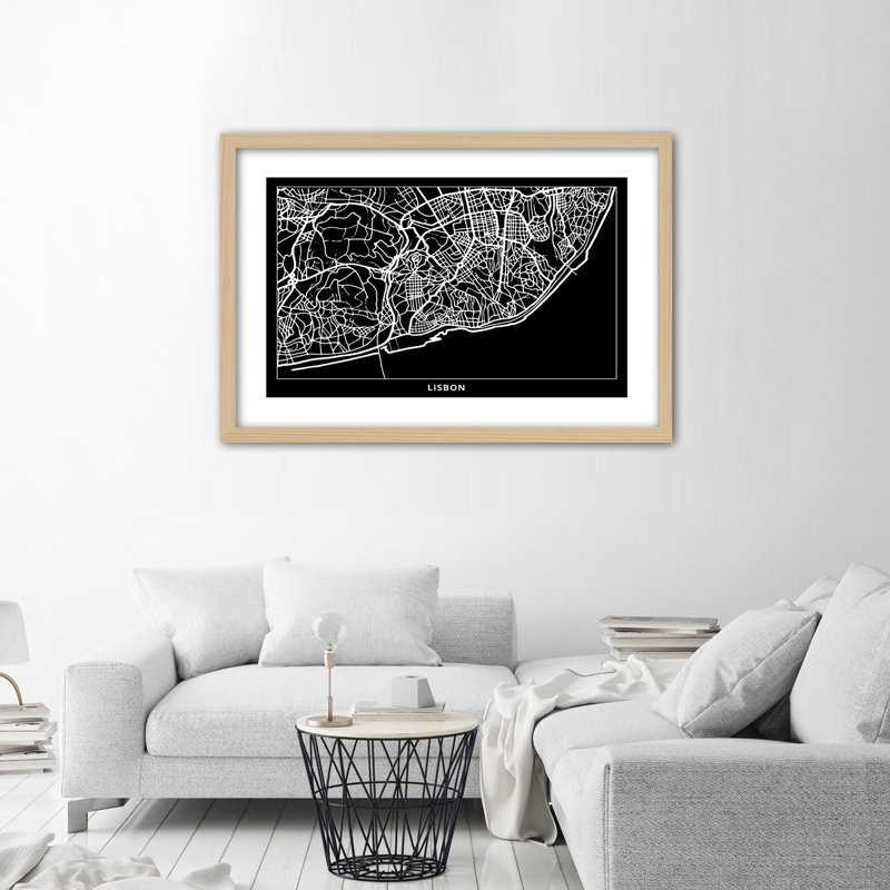 Lisbon City Map 1 Piece Single Picture Frame Wall Art, 20cm H x 30cm W, Light Brown
