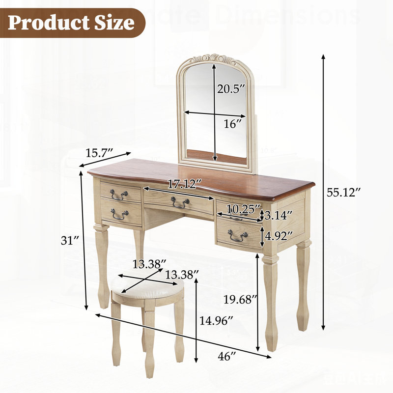 Coiffeuse de maquillage rétro avec miroir à cadre floral incurvé, coiffeuse élégante avec 5 tiroirs et tabouret en cuir pour la chambre à coucher