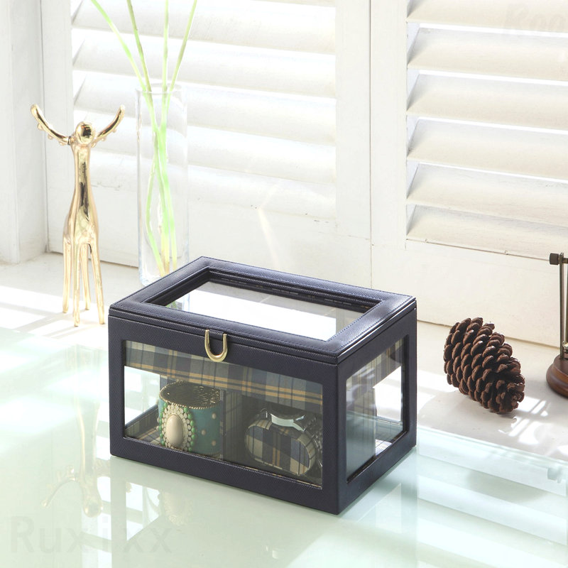 Présentoir à bijoux en verre trempé et en cuir 9,8 po, bleu