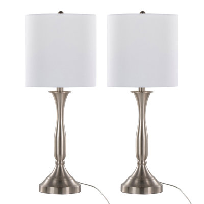 Lampe de table contemporaine 25 po en métal nickel brossé avec abat-jour en lin blanc et port USB intégré - ensemble de 2