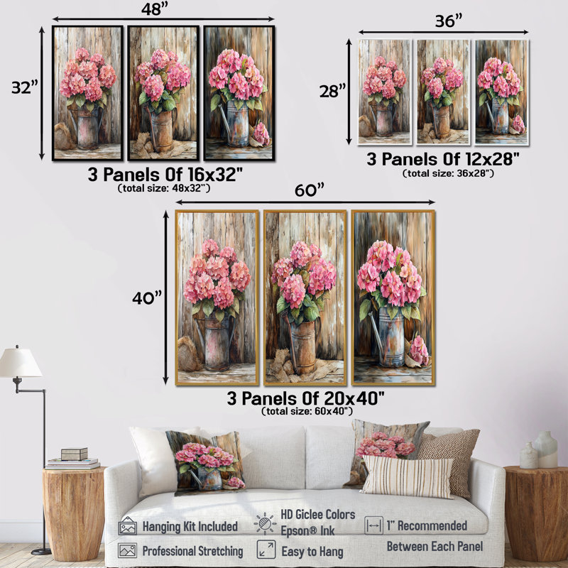 Rustic Hydrangea Bouquet At The Barn I - Hydrangea, reproduction d'art sur toile, 3 pièces, H 32 po x l 48 po, Toile tendue