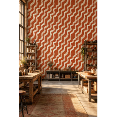 Rouleau de papier peint à rayures ondulées orange et terre cuite