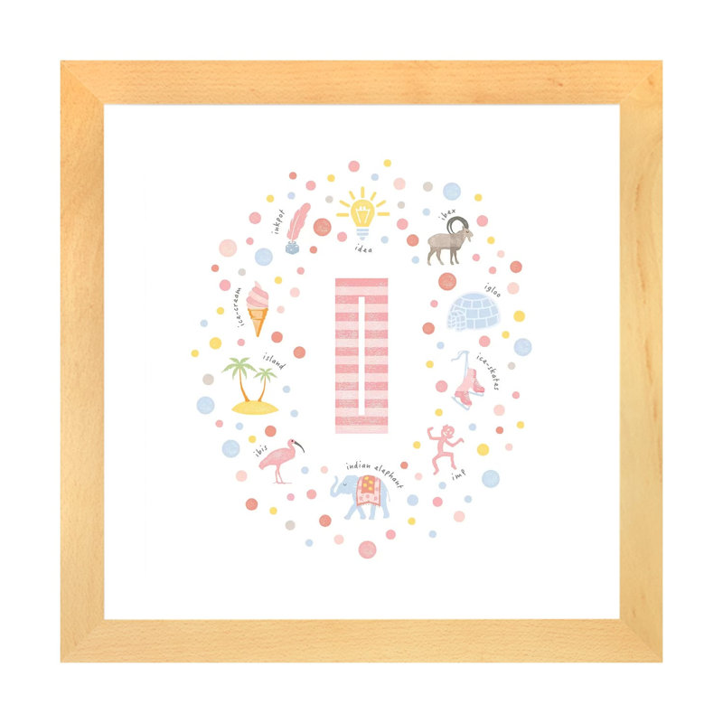 Lettre illustrée I rose - impression, H 24 po x l 24 po x p 1 po, Papier avec cadre beige, Blanc