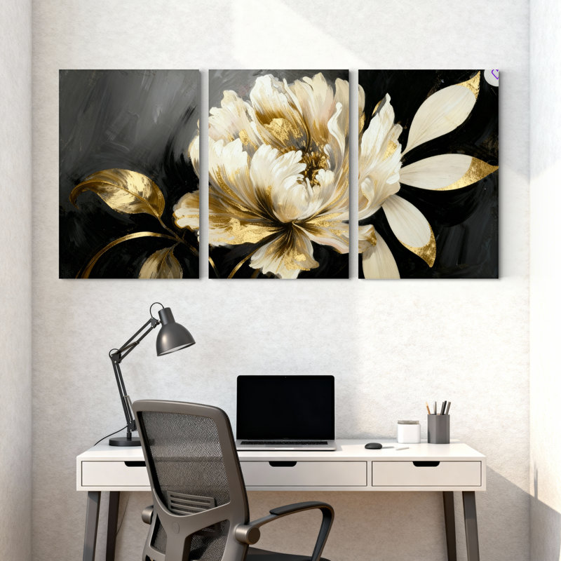 Pivoine, fleur d'or blanche sur fond noir, ensemble de 3 reproductions d'art sur toile, H 18 po x l 36 po