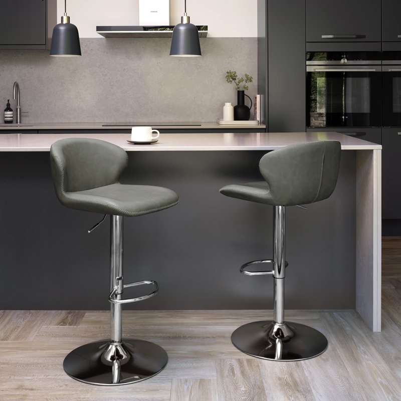 Raine 360° Swivel Vintage Faux Leather Adjustable Bar Stool, Green/Chrome