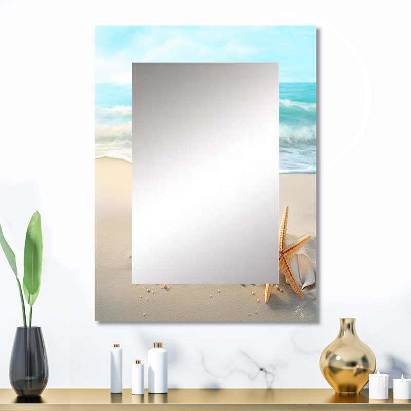 Étoile de mer et coquillages I - miroir mural unique de plage, miroir moderne, impression d'art en métal, 32 po x 24 po
