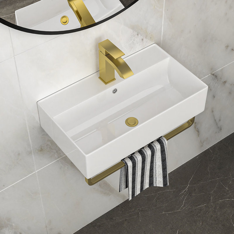 Lavabo de salle de bain mural rectangulaire en céramique 21 "x 12" avec barre à serviettes et trop-plein or, robinet doré