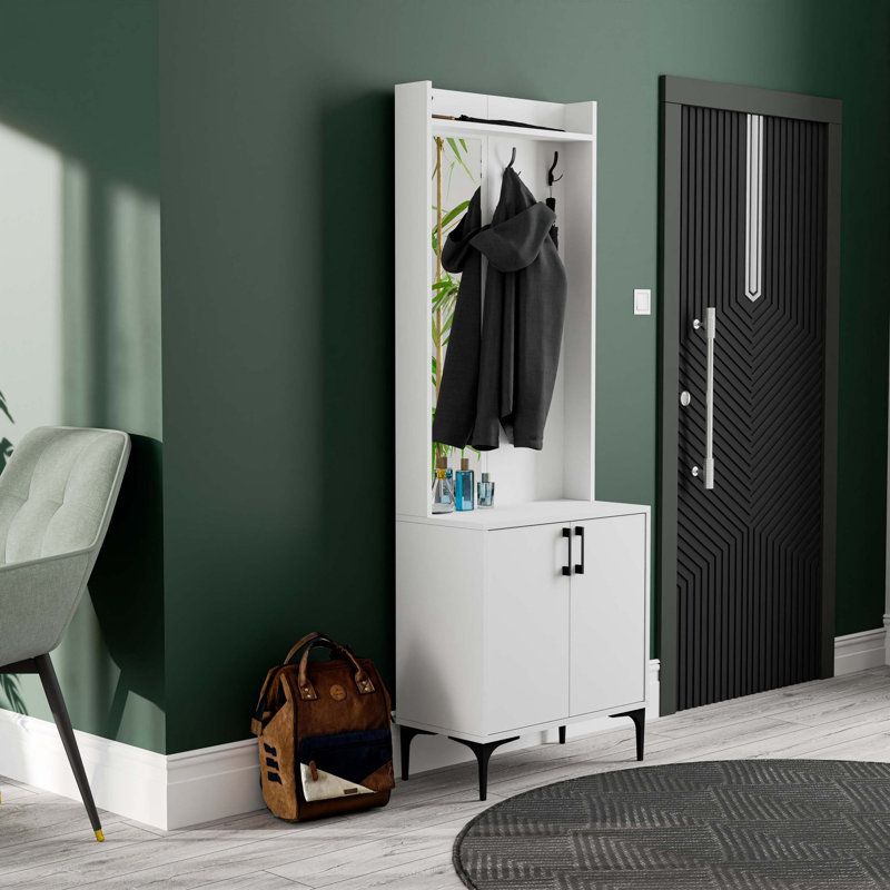 Élégant support de couloir avec miroir, blanc, 27,6 po x 77,2 po x 13,8 po | Panneau de particules 100% mélaminé | Support à usages multiples avec nombreuses tablettes | Conception murale pour un rangement supplémentaire