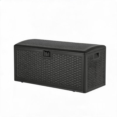 120 Gallon Waterproof Resin Deck Box – Large Lockable Outdoor Storage Container with Hydraulic Rod for Patio Furniture, Garden Tools, Pool Accessories – Sturdy & Stylish – Black, Gas Strut Included