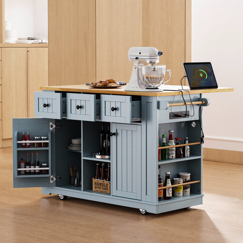 53" Grey Blue Kitchen Island w Drop Leaf Charging Station 5 Wheels Storage Racks 3 Drawers, Grey-Blue