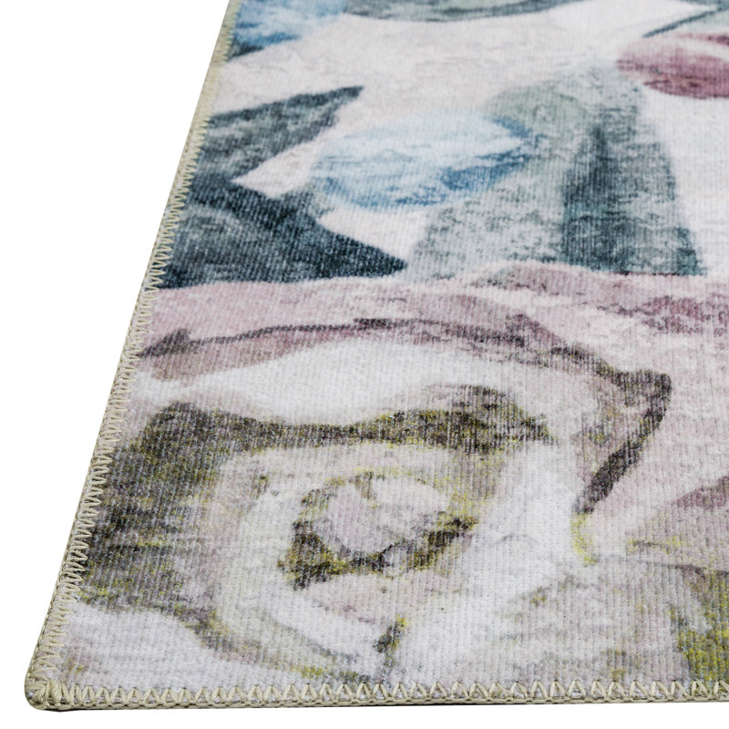 Blue Floral Synthetic Machine-Woven Washable Area Rug